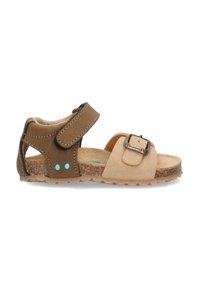 Bruine en beige sandaal met twee riempjes en klittenbandsluiting, kurken zool en turquoise accenten. Heeft een gespdetail op de voorste riem.