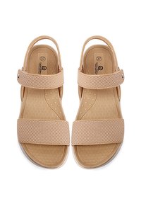 Sandali beige con due cinturini testurizzati, regolabili per una vestibilità ottimale. Sottopiede imbottito con piccoli motivi circolari. Taglia 37 indicata sulla soletta.