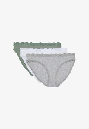 Trois paires de sous-vêtements pour femmes, avec des bords festonnés aux couleurs verte, blanche et grise, fabriquées en coton doux.