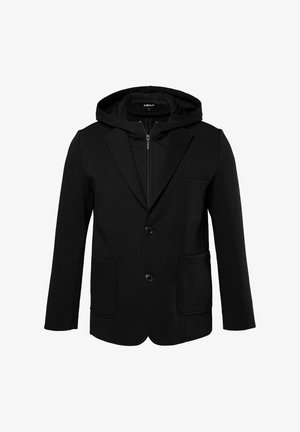 Blazer nero con cappuccio, realizzato in tessuto morbido. Presenta due tasche frontali, una tasca sul petto e due bottoni.
