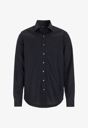 Czarna koszula z długim rękawem wykonana z gładkiego materiału, z kołnierzykiem zapinanym na guziki oraz z przodu z zapięciem na guziki, z zakrzywionym dołem i mankietami.