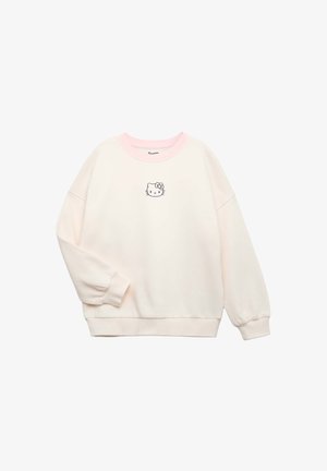 Sweat-shirt rose pâle et crème en matière douce, avec un petit imprimé Hello Kitty sur la poitrine, doté de poignets et d'un col côtelés.