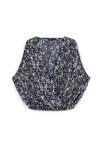 Blusa senza maniche blu navy con un motivo floreale bianco, caratterizzata da un design avvolgente e orlo arricciato per una vestibilità comoda.