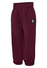 Bordeauxrote Sweatpants mit einem elastischen Bund und gerafften Bündchen, ausgestattet mit einem schwarzen "hummel" Logopatch am linken Bein. Weicher Stoff.