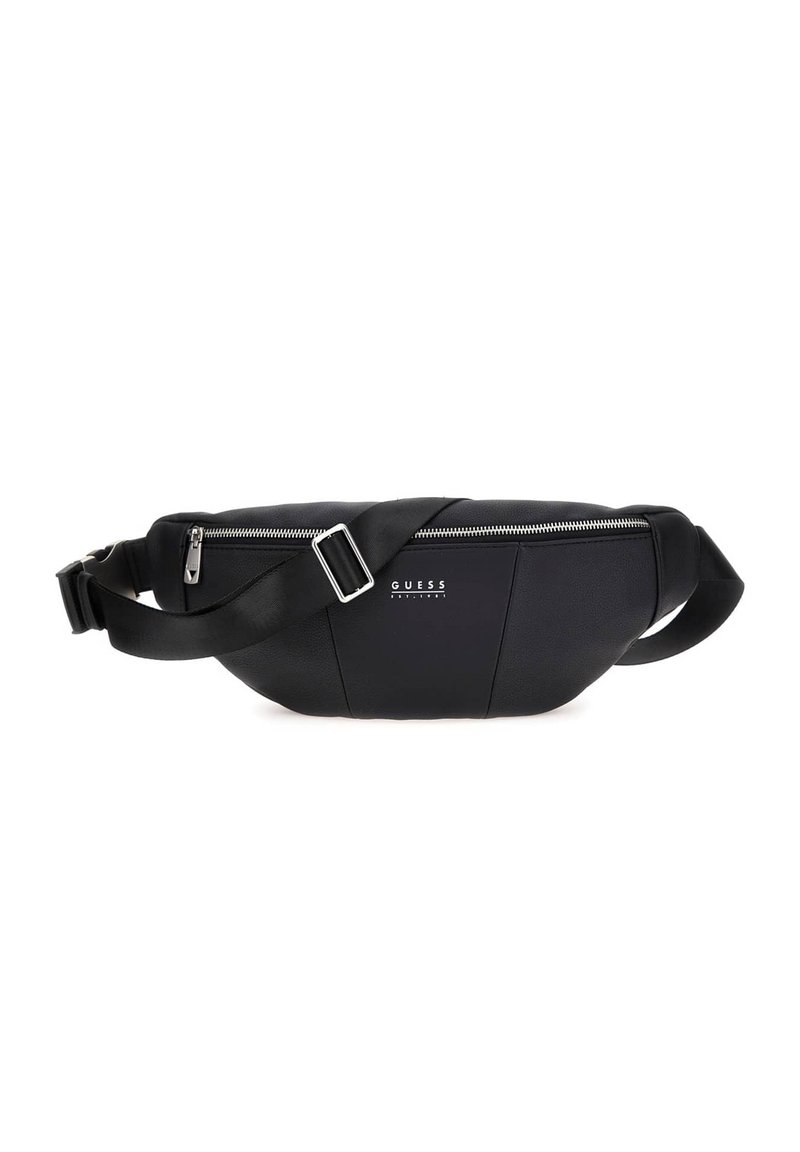 Fanny pack en simili cuir noir au design courbé, avec une fermeture éclair argentée, une sangle réglable et un logo en relief sur le devant.
