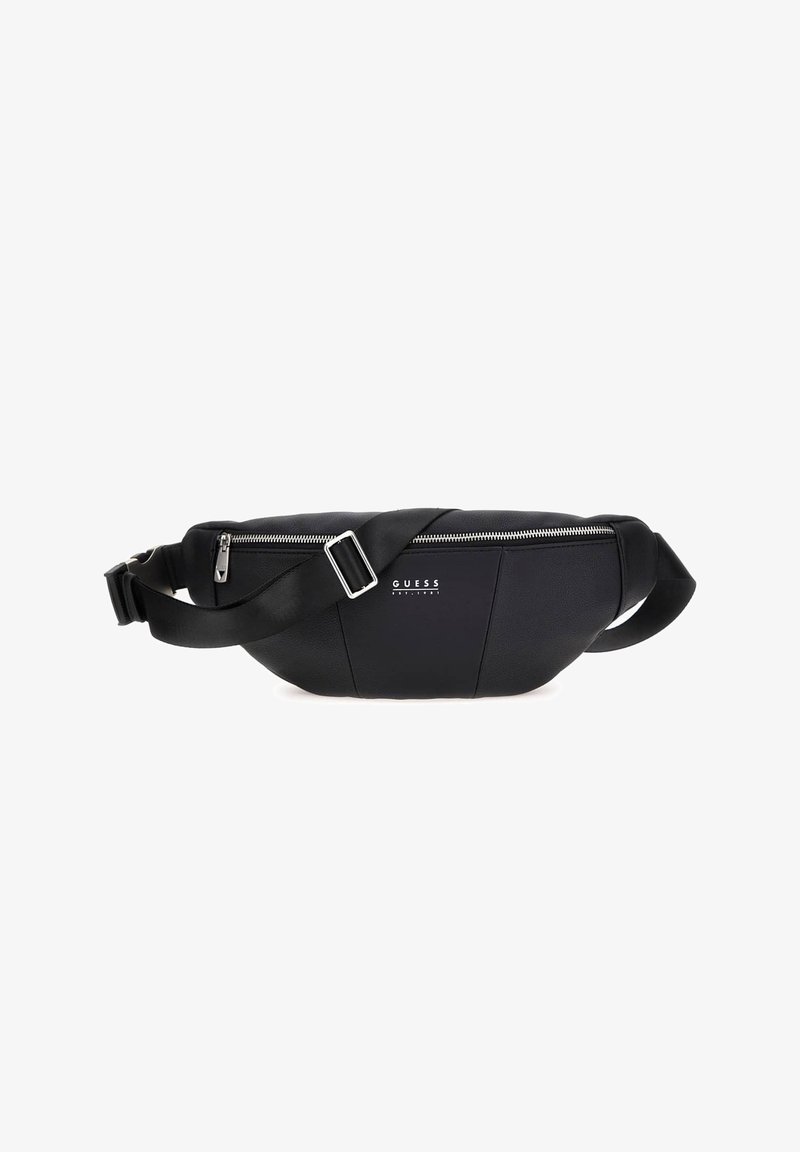 Fanny pack en simili cuir noir au design courbé, avec une fermeture éclair argentée, une sangle réglable et un logo en relief sur le devant.