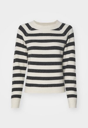 Striped sweater with black and cream horizontal stripes, ribbed cuffs and hem, round neckline, and soft texture. Mid-length sleeves.