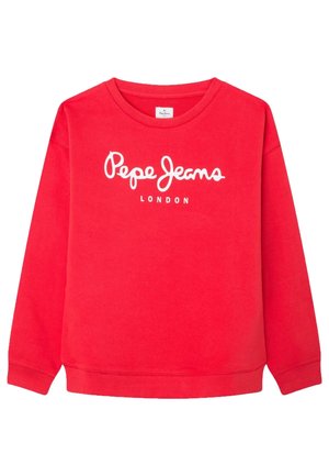 Sweat-shirt rouge à manches longues avec col rond, logo blanc "Pepe Jeans London" centré sur la poitrine.