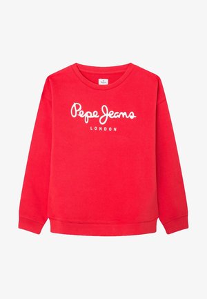 Sudadera roja de manga larga con cuello redondo y logo blanco de "Pepe Jeans London" centrado en el pecho.