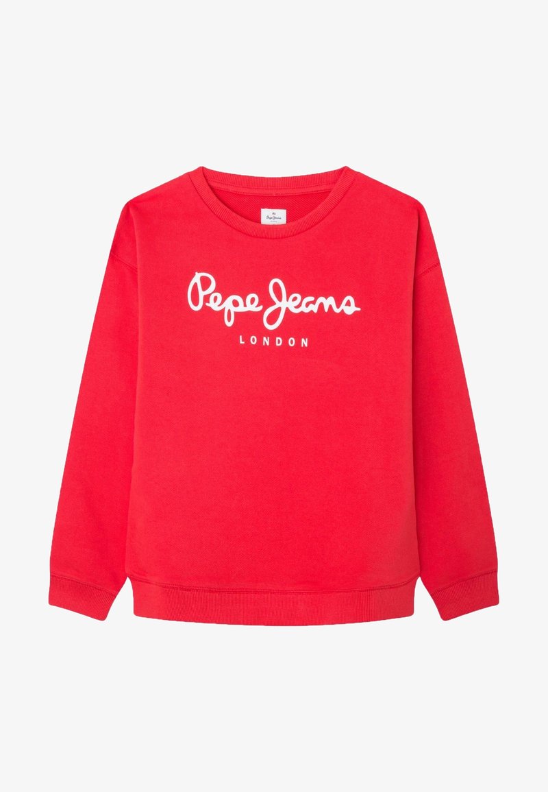 Sweat-shirt rouge à manches longues avec col rond, logo blanc "Pepe Jeans London" centré sur la poitrine.