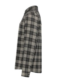 Harmaa ja musta ruudullinen flanellipaita, pitkät hihat, klassinen kaulus, nappikiinnitys, sivutasku, pehmeä rakenne, normaali istuvuus.