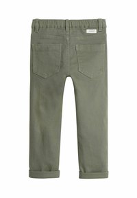 Pantalons en coton vert olive avec une coupe décontractée, dotés d'une taille élastique, de poignets retroussés et de deux poches arrière.