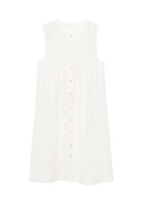Vestido midi blanco sin mangas con escote redondo, cierre frontal de botones y sutiles detalles de costura horizontal cerca del dobladillo.