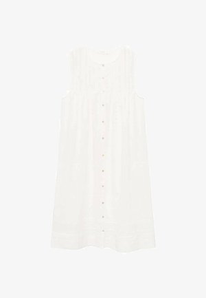 Robe midi blanche sans manches avec col rond, fermeture par boutons sur le devant et détails de couture horizontale subtils près de l'ourlet.