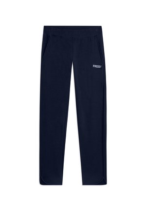 Pantalones azul marino ajustados con cinturilla elástica, bolsillos laterales y logo "FREDDY" en la parte superior del muslo izquierdo.