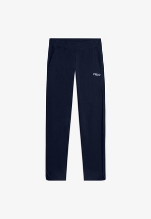 Pantaloni slim blu navy con vita elastica, tasche laterali e logo "FREDDY" sulla parte superiore della coscia sinistra.
