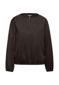 Sort pullover jakke lavet af glat materiale, med en halvlynlås foran, raglanærmer og elastisk kant og manchetter for en afslappet pasform.