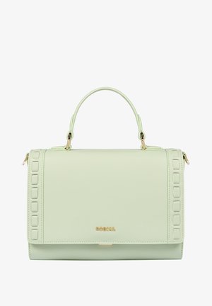 Helle grüne Lederhandtasche mit strukturiertem Design, Oberhandgriff, goldenen Beschlägen und eckigen Nieten entlang der Seiten.