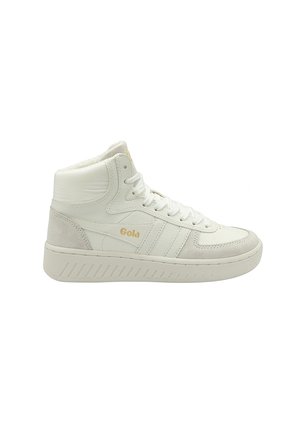 High-top sneakers in white leather with suede accents; features gold logo, lace-up front, textured sole, and three stripes design.