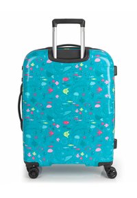 Maleta rígida con un diseño turquesa que presenta criaturas submarinas en rosa, amarillo y verde. Incluye un mango telescópico y ruedas.