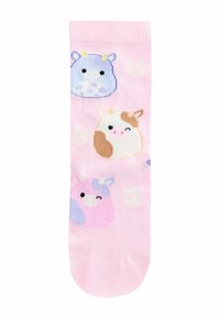 Roza nogavice z ljubkimi obrazki živali v risankarskem slogu v pastelnih barvah: modri, rjavi in roza. Mehki material z gladko teksturo.