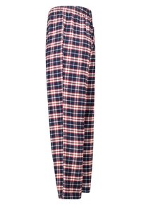 Navy blue, red, and white plaid pajama pants with an elastic waistband displayed against a white background.