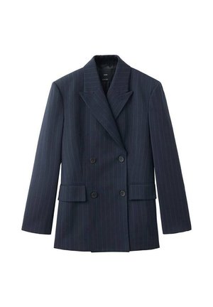Navy pinstripe double-breasted blazer with wide lapels, two front pockets, and contrasting black buttons; structured fit and smooth texture.