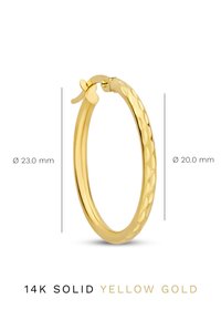 14k solid yellow gold hoop earring, polished finish with a textured pattern, diameter 23 mm, width 20 mm, spring clasp closure.
