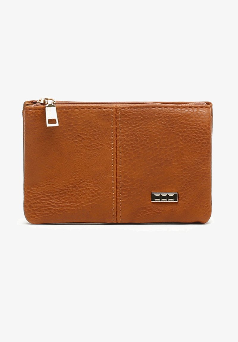 Brown leather wallet with a pebbled texture, featuring a silver zipper and a rectangular metallic accent on the front.