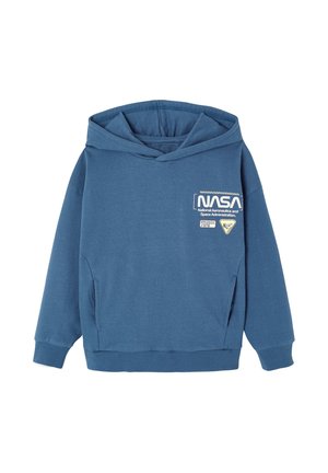 Blue hooded sweatshirt with NASA logo, text, and patches on the upper left chest, featuring front pockets and ribbed cuffs.