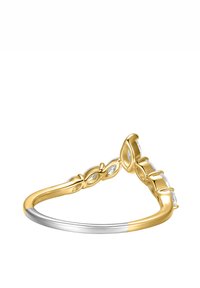 Gold and silver ring featuring an intertwining design with oval cutouts, three small clear stones, and a rounded band.