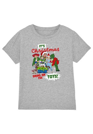 Gray cotton t-shirt featuring a colorful graphic print of characters, text reading "It's Christmas" and "Bring on the Toys!" in red and green.