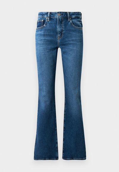 Jeans in denim blu con gamba a campana, vita media, cinque tasche, sbiaditure leggere e dettagli di cucitura lungo le cuciture.