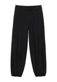 Pantalon noir à coupe large avec poignets élastiqués, passants de ceinture et plis à l'avant, conçu pour un usage décontracté ou formel.