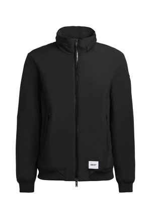 Black bomber jacket with a high collar, front zip closure, elasticated cuffs, and two side pockets. Soft, smooth texture, casual design.