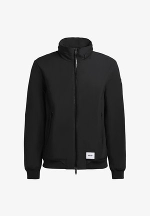 Schwarze Bomberjacke mit hohem Kragen, Reißverschluss vorne, elastischen Bündchen und zwei seitlichen Taschen. Weiche, glatte Textur, lässiges Design.