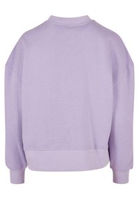 Levendula színű pulóver sweatshirt kerek nyakkivágással, bordás mandzsettákkal és laza szabással. Puha anyag sima textúrával. Egyszerű dizájn.