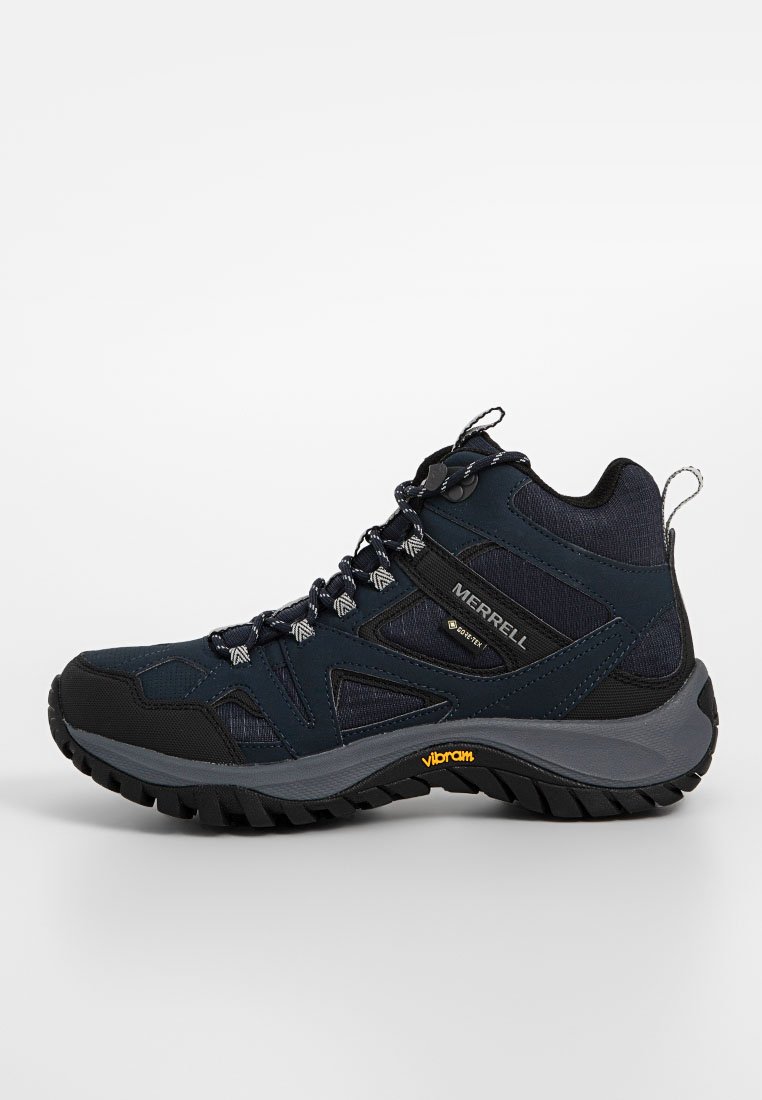 Męskie buty wędrówkowe w ciemnym granacie z czarnymi akcentami, wodoodporny materiał, siateczkowe panele, podeszwa Vibram oraz wzmocniony czubek.