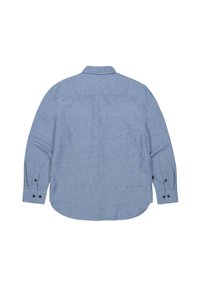 Lange mouwen blauwe chambray shirt met een button-down kraag, afgeronde zoom en zwarte knoopaccenten op de manchetten. Bevat een subtiele textuurstof.