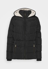 Veste matelassée noire avec capuche bordée de fourrure, fermeture éclair à l'avant et deux poches latérales zippées. Présente un design matelassé horizontal et des poignets en maille.