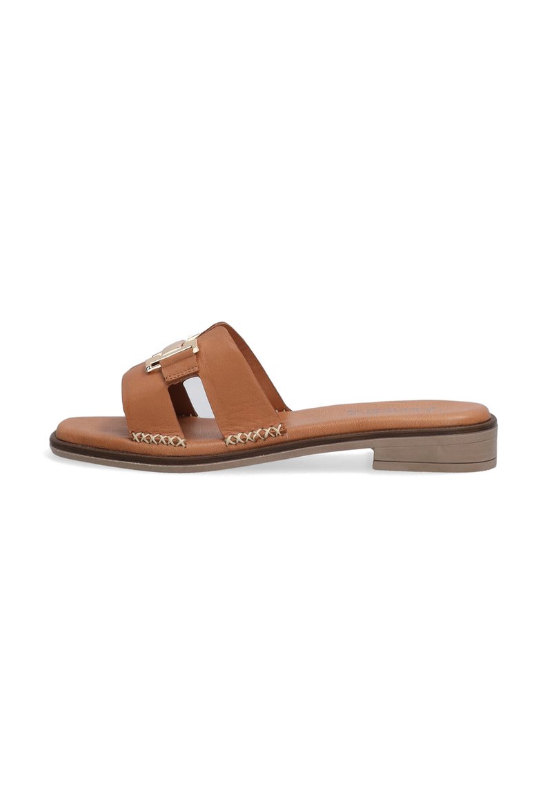 Brown leather slide sandals featuring two straps with a gold accent and woven detailing along the sole. Low, flat heel.