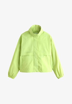 Light green zip-up jacket with high collar, long sleeves with elastic cuffs, and two front flap pockets.