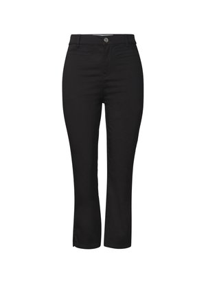 Pantalon court noir taille haute, fermeture devant par bouton et zip, passants de ceinture et petite fente avant sur les ourlets des jambes.