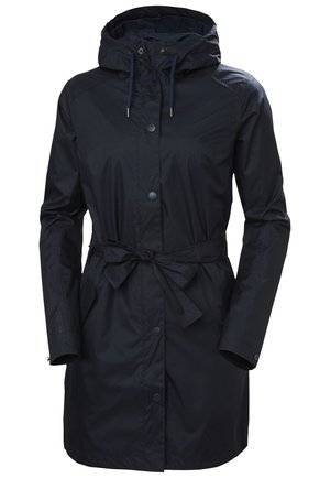 Waterdichte marineblauwe jas met capuchon, verstelbaar trekkoord, voorkeursluiting met knopen, ceintuur in de taille en zijzakken.