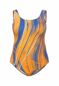 Badpak met een levendig oranje en blauw abstract golfpatroon, voorzien van brede bandjes en een gladde, rekbare stof.