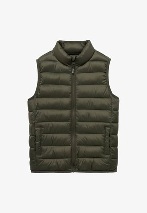 Gilet imbottito color khaki con colletto alto, design a righe verticali, zip frontale e tasche laterali, realizzato in un materiale liscio e leggero.