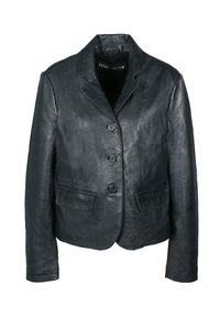 Giacca in pelle nera con un design strutturato, caratterizzata da un collare a punte, quattro bottoni e due tasche frontali. Texture liscia, dettagli minimi.