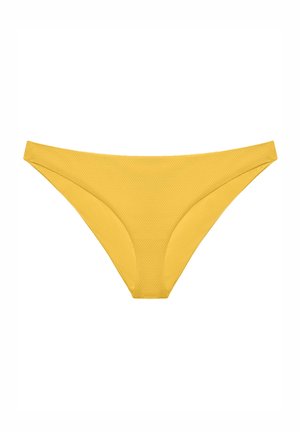 Geel bikini-broekje met een gestructureerd oppervlak, een middelhoge snit en gladde zijkanten, geschikt voor zwemkleding.