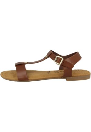 Brun læder flad sandal med ankelrem og metalspænde, åben tå-design og polstret fodseng.