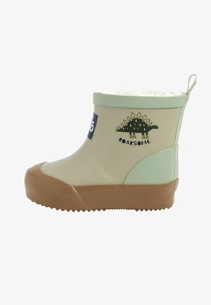 Stivale di gomma chiaro con un bordo verde menta, decorato con un motivo di dinosauro e la scritta "ROARSOME". Suola marrone testurizzata per una miglior aderenza.